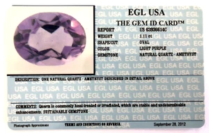 AMETHYST VERY LIGHT PURPLE OVAL 1.11 CT EGL USA CERTIFIED LABORATORY GEM ID CARD - Picture 1 of 5