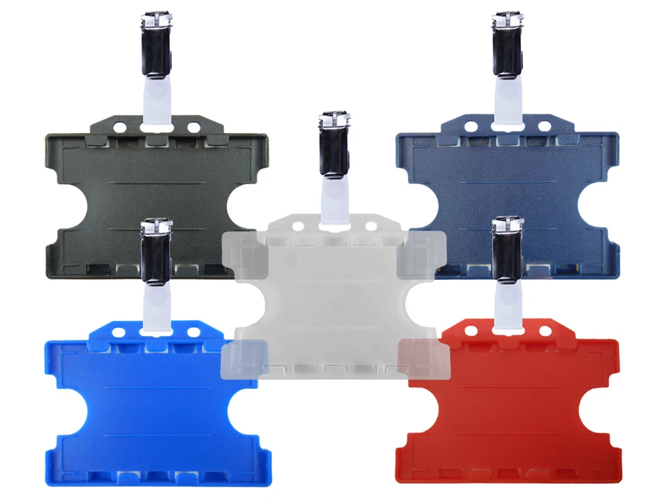 ID Badge Card Holder Plastic Pass Double Sided Landscape Dual & Metal Clasp Clip