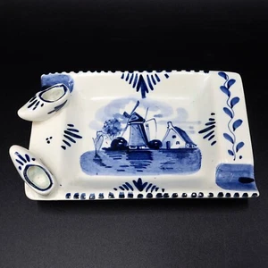 Vintage Delft Blue Rectangular Trinket Dish Holland Windmill Clogs Ash Tray - Picture 1 of 9