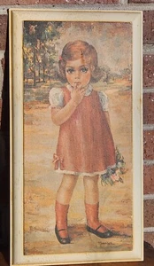 Mid Century Modern Young Girl Art Piece On Wood, 16" x 9" - Picture 1 of 2