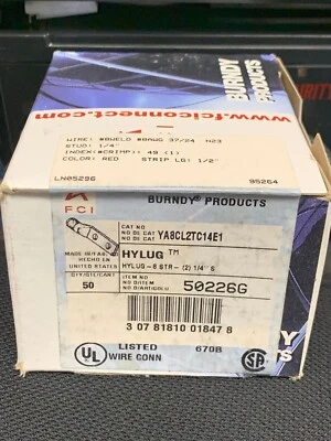 Burndy YA8CL2TC14E1 Tinned Copper Lug 8AWG 1/4"stud 1" Spacing, Box of 50