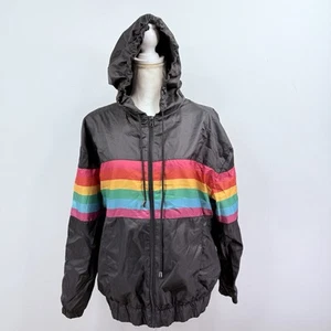 Say What Rainbow Stripe Windbreaker Jacket Black Hooded Size M Retro 80s Style - Picture 1 of 19