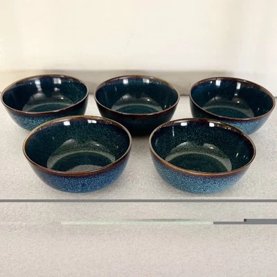 Juego de 5 cuencos Ikea GLADELIG 5,5” diámetro 2,25” azul profundo esmalte marrón motas Foto 1 de 2