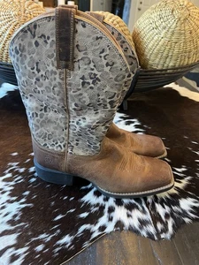 Ariat Round Up Square Toe Brown Leather Leopard Tall Western Boots Womens 11 B - Picture 1 of 8
