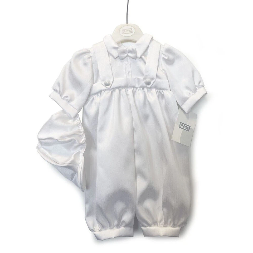 Unisex Bambino Bianco Vestito Salopette & Tappo Intero Fiocco Cravatta Battesimo - Immagine 1 di 1