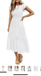 Women's Summer Casual Flutter Smocked Elastic Waist Tiered Midi Dress - Picture 1 of 1