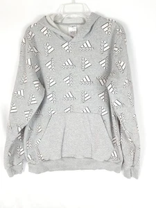 Adidas Felpa Uomo Grande Manica Lunga Pullover Felpa con Cappuccio Grigio Stampa Allover - Foto 1 di 7