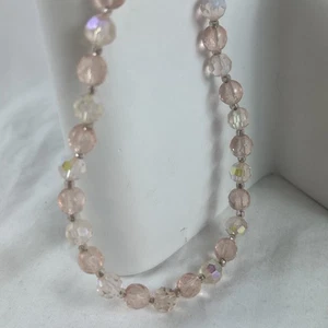 Pink Beaded Necklace Iridescent 16” Choker Adjustable Chain With Hook Vintage - Picture 1 of 5