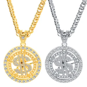 Gold Money Chain Dollar Sign Necklace Rotatable Rapper Hip Hop Fake Chain Gifts - Picture 1 of 14