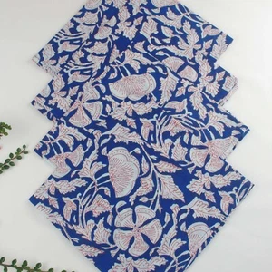 Blue Floral Block Printed Cotton Dinner Napkins 18'' - Set of 4 - Picture 1 of 2