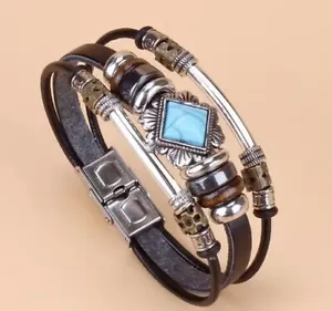 Mosaic Turquoise Stone Beaded Bracelet Blue Stones Leather Braided Bracelet - Picture 1 of 6