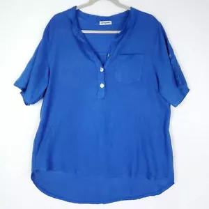 Bohabille Paris 100% Linen Roll Tab Sleeve Popover Top Sz XL Blue VNeck Boho - Picture 1 of 13