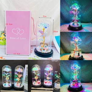 Gold Foil Rose LED Light Artificial Flowers In Glass Dome Lamp Christmas Gift US - Picture 1 of 15