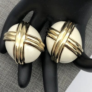 Ciner Chunky White Gold Enamel X Earrings Clip On Vintage - Picture 1 of 12