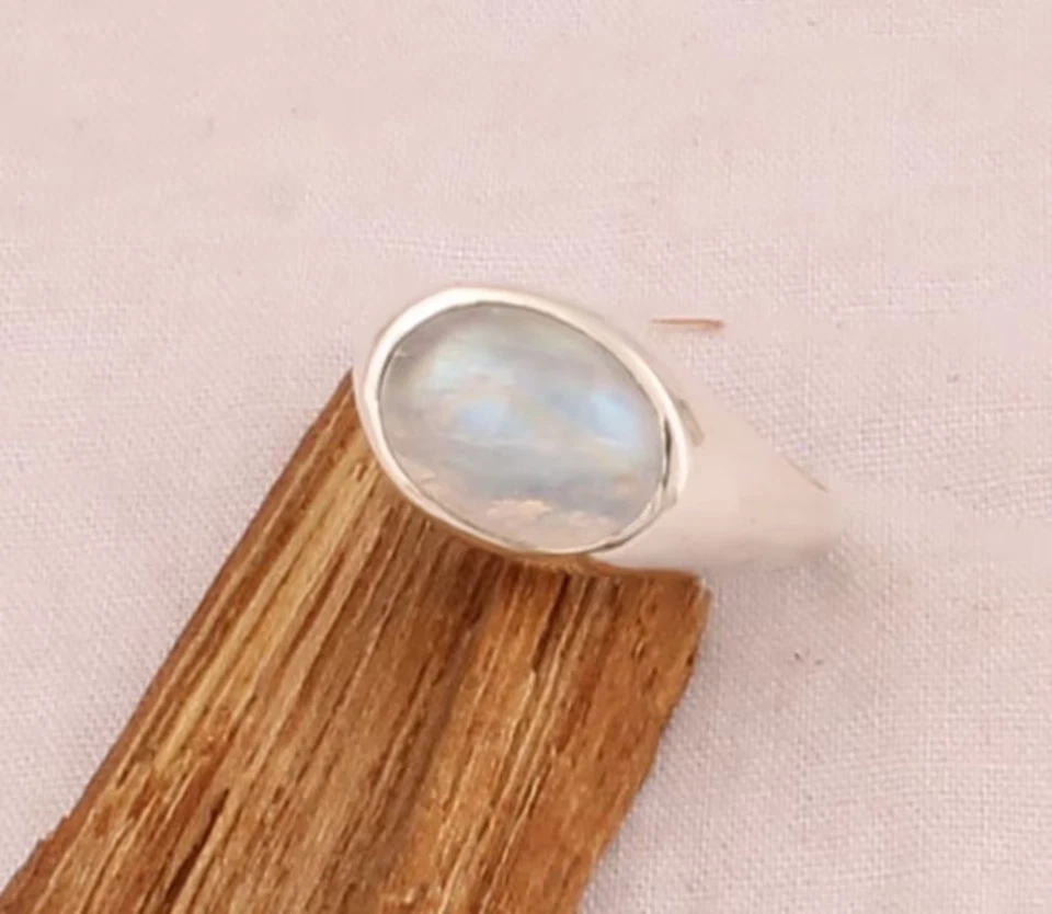 Anillo llamativo de plata de ley 925 maciza con piedras preciosas ovaladas de piedra lunar arco iris Foto 1 de 4