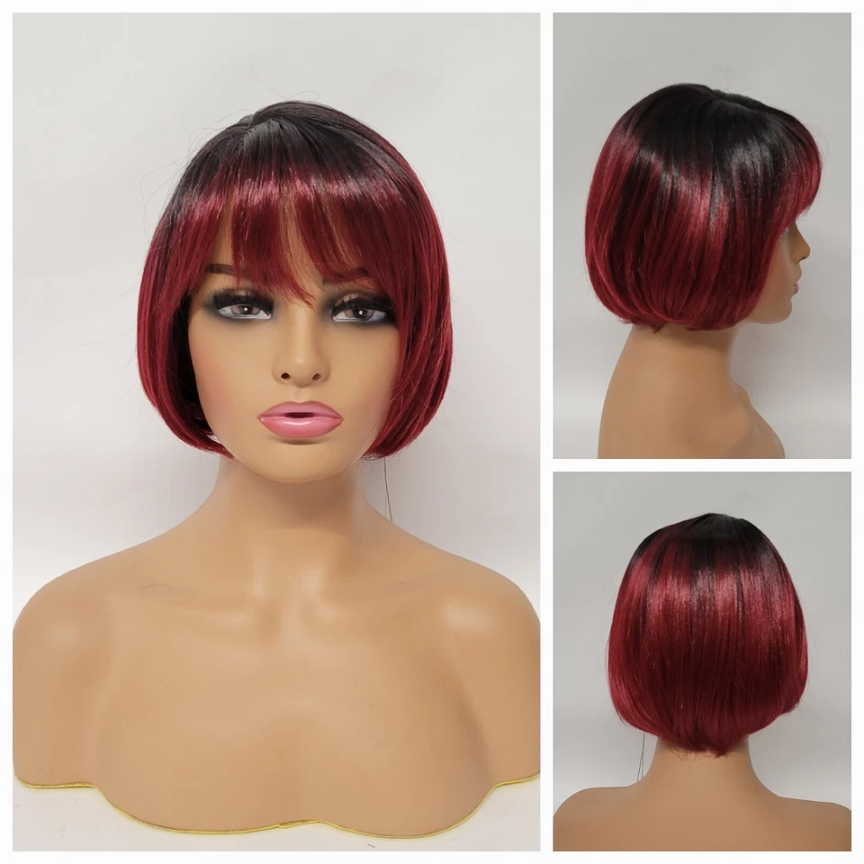 Straight Short Bob bangs Wig Premium Synthetic Daily Fashion Ombre Bl. &BURGANDY - Image 1 of 4