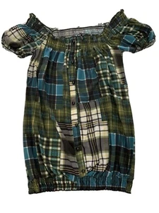 EUC Weavers Green Plaid wide-neck peasant blouse, size M - Picture 1 of 9
