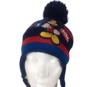 Vintage Disney Store Chunky Striped Mickey Mouse Pom Pom Knit Beanie -Child M/L - Picture 1 of 6