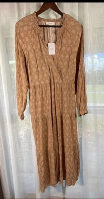 Lucky Brand Tiered Dress Medium Tan Medallion Gypsy Hip Boho Country Peasant NWT - Image 1 of 4