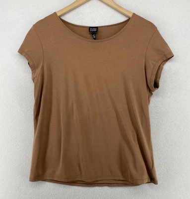 EILEEN FISHER Top M Algodón Elástico Jersey Cuello Redondo Manga Corta Marrón EE. UU. Foto 1 de 4
