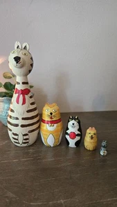 Vintage Katze Kätzchen fünf Stück skurril handbemalt verschachtelt Puppen Set - Bild 1 von 5