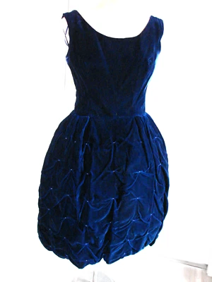 VTG 60s Dress Sleeveless BUBBLE Deep Blue Velvet CRINOLINE Quilted Skirt M Beads - Image 1 of 4