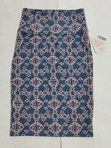 Lularoe Cassie Blue Pencil Skirt With Pink Geometric Print Pull On Size S NWT - Picture 1 of 8