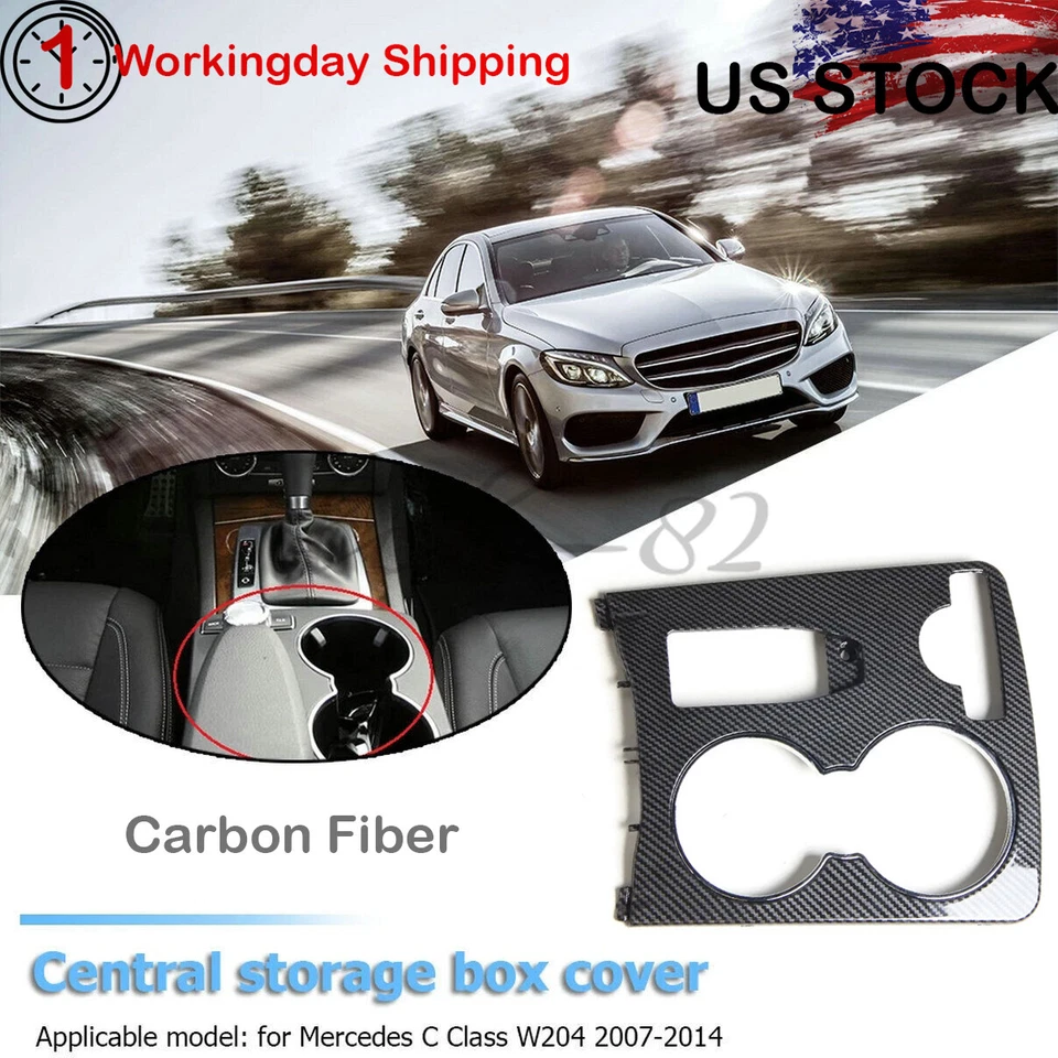 Cubierta de borde de portavasos de consola central de fibra de carbono para Benz W204 Clase C 2008-14 Foto 1 de 4