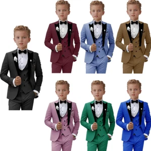 Boy‘s Suits Peak Lapel Blazer Pants Vests Slim Fit Wedding Tuxedo Three Pieces - Picture 1 of 27