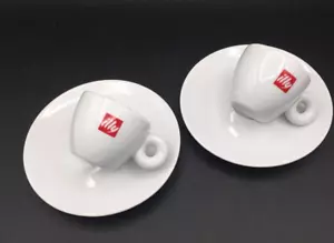 Illy Logo Classic Collection White Porcelain Espresso Cups w Saucers 4pc set - Picture 1 of 8