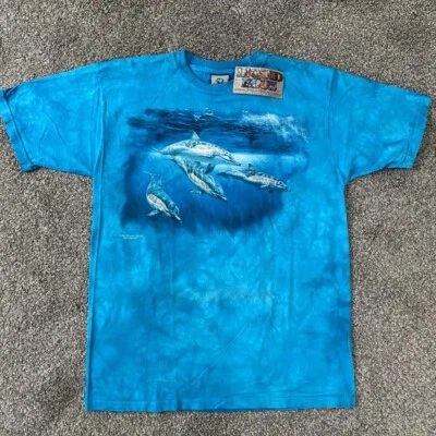 Camisa DEADSTOCK Vintage 2002 Azul Líquido Tie Dye Animal Golfinhos Adulto Grande - Imagem 1 de 2