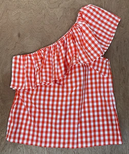 J Crew 1 Schulter Tank Damen 4 rot kariert adrett klassisch Rüschen Strand gefüttert - NEU - Bild 1 von 10