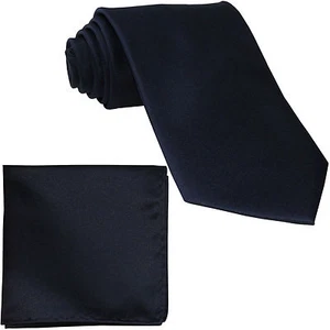 New Polyester Men's Neck Tie & hankie solid formal wedding prom navy dark blue - Picture 1 of 3