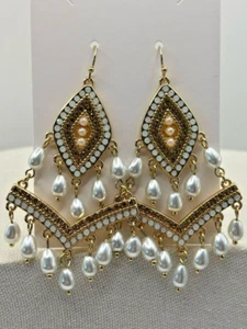 Orecchini Champagne Topazio Opale Strass Imitazione Perla Lampadario Tono Oro - Foto 1 di 20