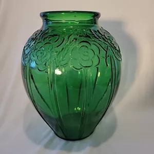 Vaso Niemen Stolle Vintage Art Déco Grande Vetro Verde FIORI 1920-1949 Polonia - Foto 1 di 24