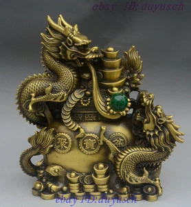 12" Chinese Bronze Fengshui Wealth Dragon Dragons Treasure bowl Yuanbao Statue  - Bild 1 von 8