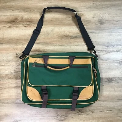 LL BEAN Messenger Lap Top Bag VINTAGE Shoulder Leather and Canvas Green 18” - Imagem 1 de 4