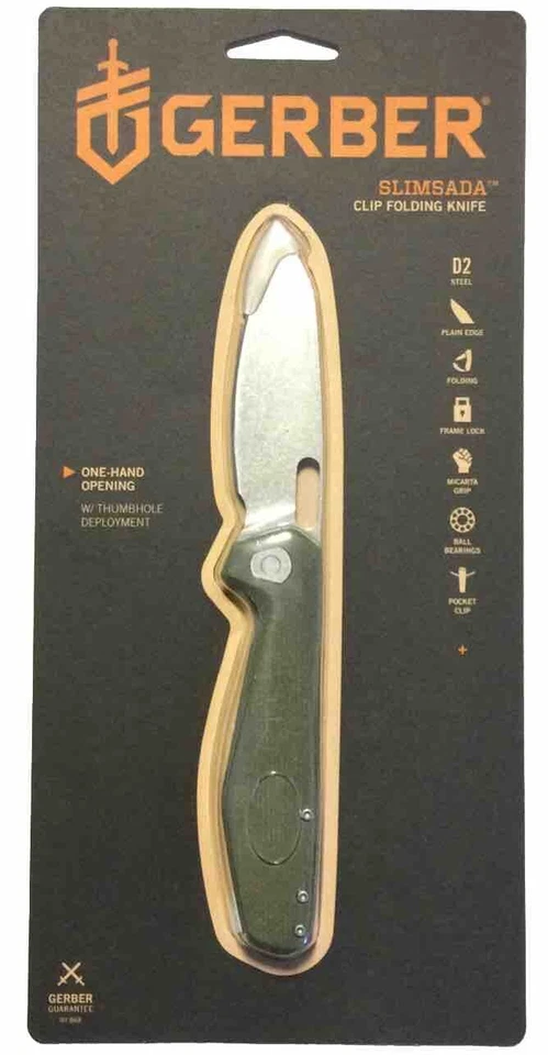 Gerber Slimsada Pocket Knife Stonewash D2 Blade Olive Linen Micarta Scale - Image 1 of 1