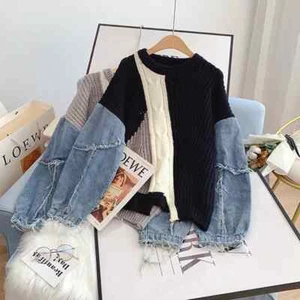 Suéter Top Para Mujer Mangas Denim Retazos Otoño Invierno Suelto Tejido Perezoso - Imagen 1 de 25
