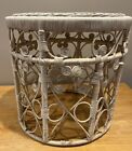 Vtg White Wicker Rattan Plant Stand Boho Scroll Peacock Side Table Round 18"