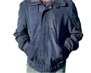 Rare Vintage MERCEDES BENZ Mens L Lamb Suede Bomber Jacket Driving Pockets Navy - Picture 1 of 8