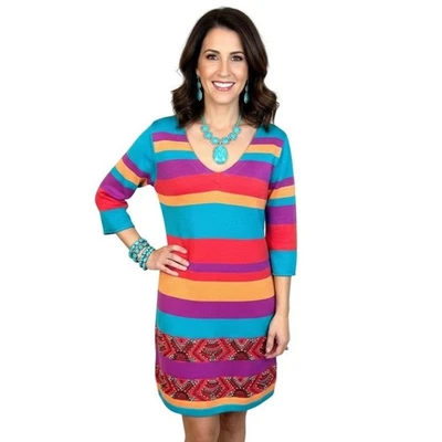 Vestido Suéter Nanette Lepore Southwestern Tejido a Rayas Con Cuentas Talla S Manga 3/4 Foto 1 de 4