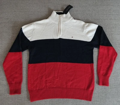 Suéter pulôver masculino Tommy Hilfiger vermelho creme azul 1/4 zíper logotipo grande 16/18 novo com etiquetas - Imagem 1 de 4