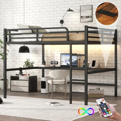 Metal Queen Size Loft Bed with LED Lighted & Stairs & L-Shaped Desk Kids Bedroom - Image 1 of 4
