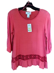 Peck & Peck orangefarbenes Oberteil klein 3/4-Ärmel Strick feminin gehäkelt Urlaub schneller Versand - Bild 1 von 8