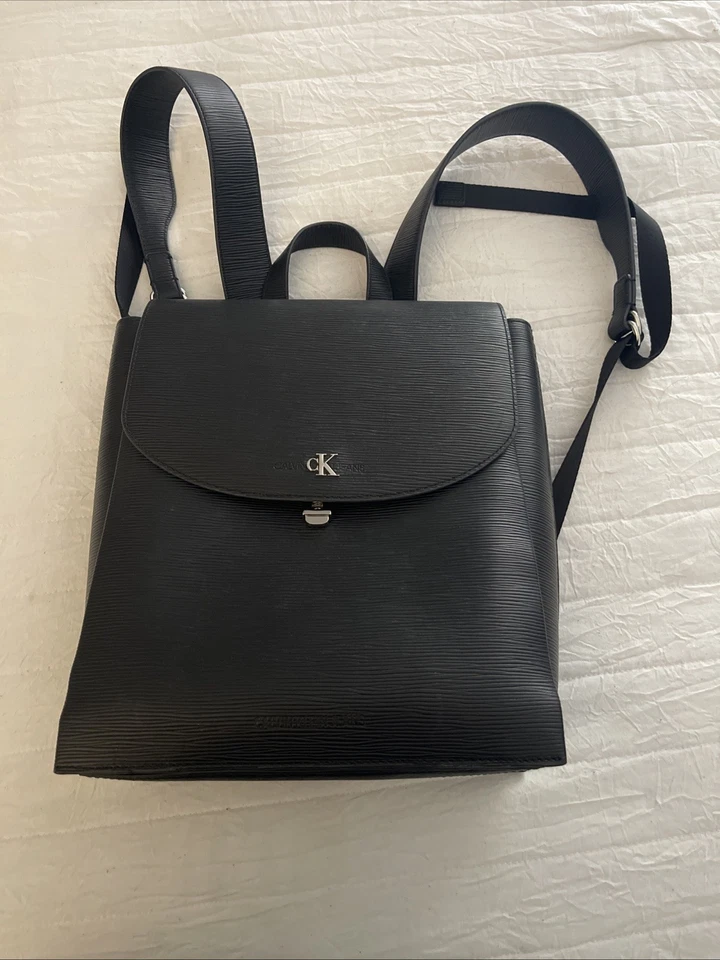Calvin Klein Black Leather Unisex Backpack - Image 1 of 4