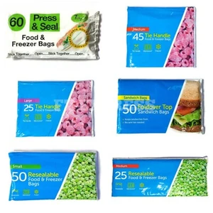 Food Fridge Freezer Bags Zip lock Large, Medium & Small, Tie Handle, Resealable - Picture 1 of 7