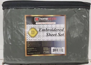 4pc Queen Bed Embroidered Sheet Set:flat&fitted sheets,pillowcasesGREEN GREY,HS - Picture 1 of 5