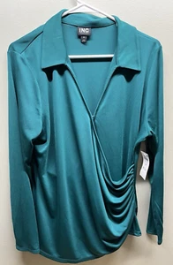 INC International Concepts blouse womens size 1X v neck wrap long sleeve green - Picture 1 of 4