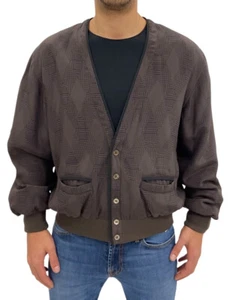 Pancaldi Men's Cardigan Jacket, Brown Rhombus/Plaid Pattern 100% Silk -70% - Picture 1 of 9